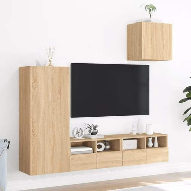 Berkfield Home 4 Piece Modern TV Wall Unit Set in Sonoma Oak and Light Brown MDF