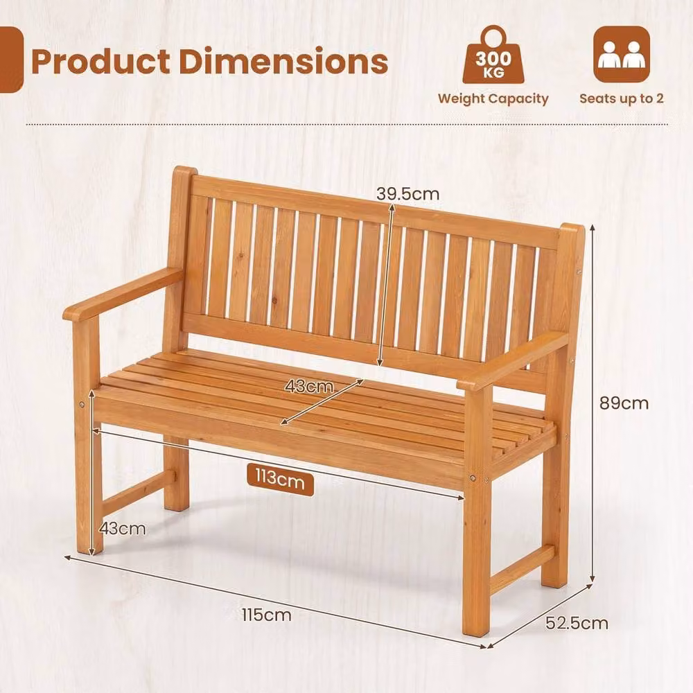 SPETLEK 2-Seater Wooden Garden Loveseat Bench with Backrest in Brown, Width: 115 cm – 2