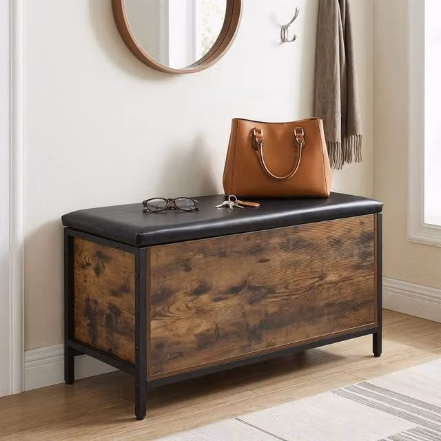 SPETLEK Industrial Lift-Top Shoe Bench with Brown Faux Leather Seat