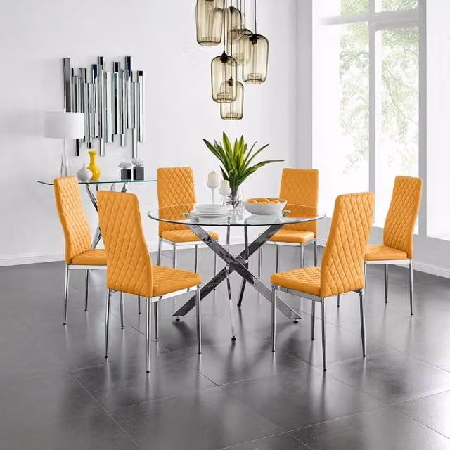 FurnitureboxUK Novara Round Glass Dining Table and 6 Milan Chairs Set in Chrome and Yellow
