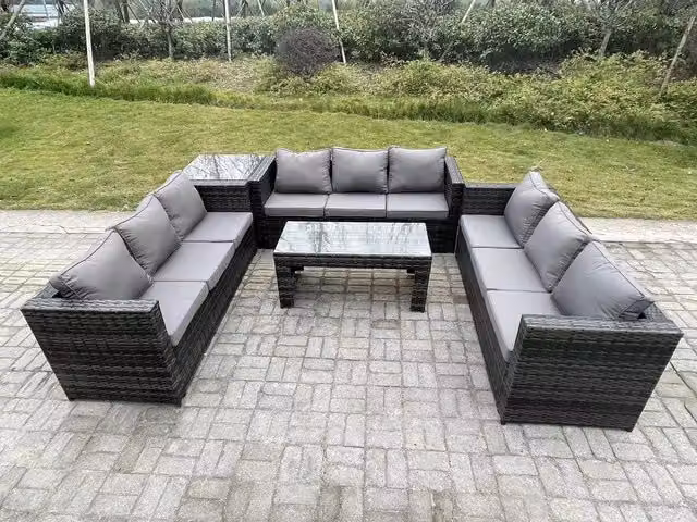 Fimous Dark Grey Polyrattan Outdoor Garden Lounge Sofa Set with Upholstered Cushions and Oblong Rectangular Coffee Table