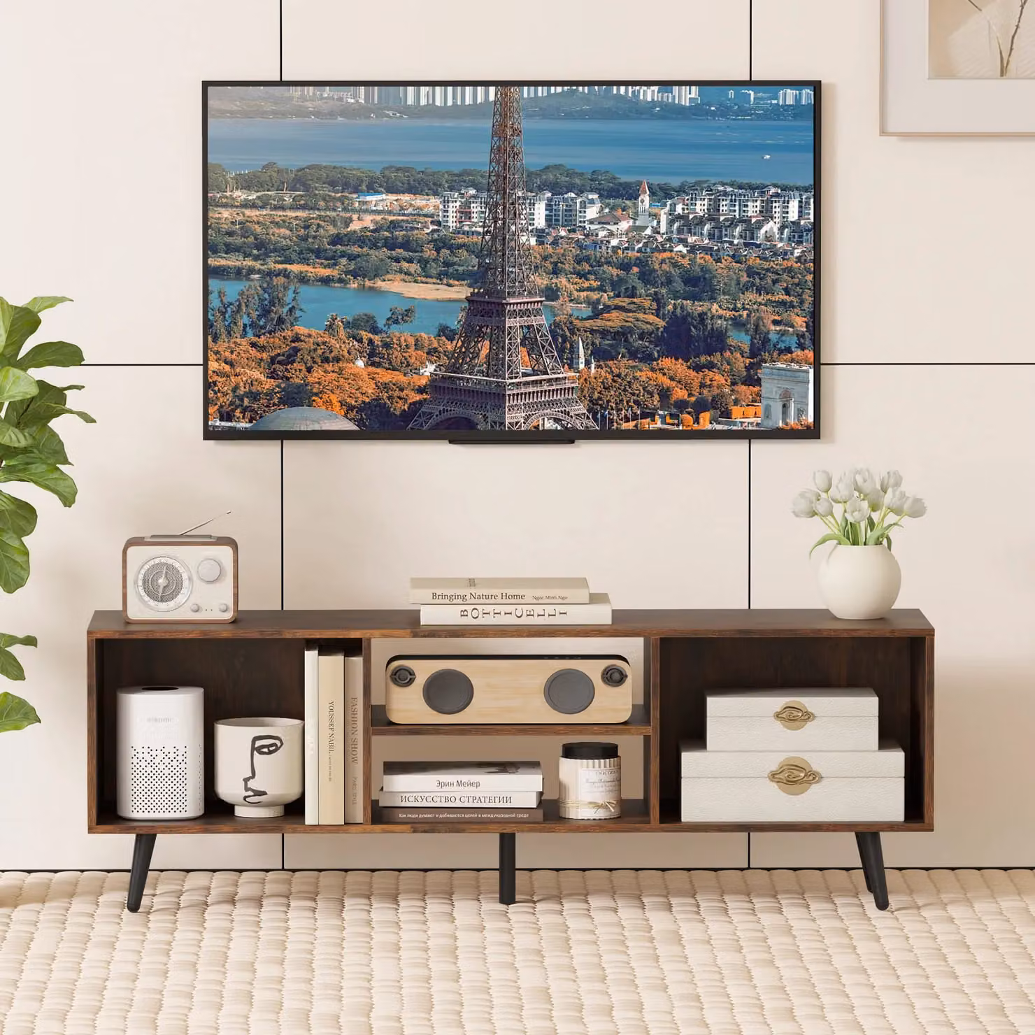 Gymax Mid Century Modern Entertainment Centre TV Stand in Brown, W: 120 cm, D: 30 cm – 3