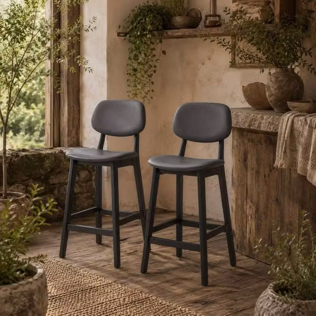 Wyld Haus Lavidiel Set of 2 Modern Faux Leather Bar Stools in Dark Grey – 1