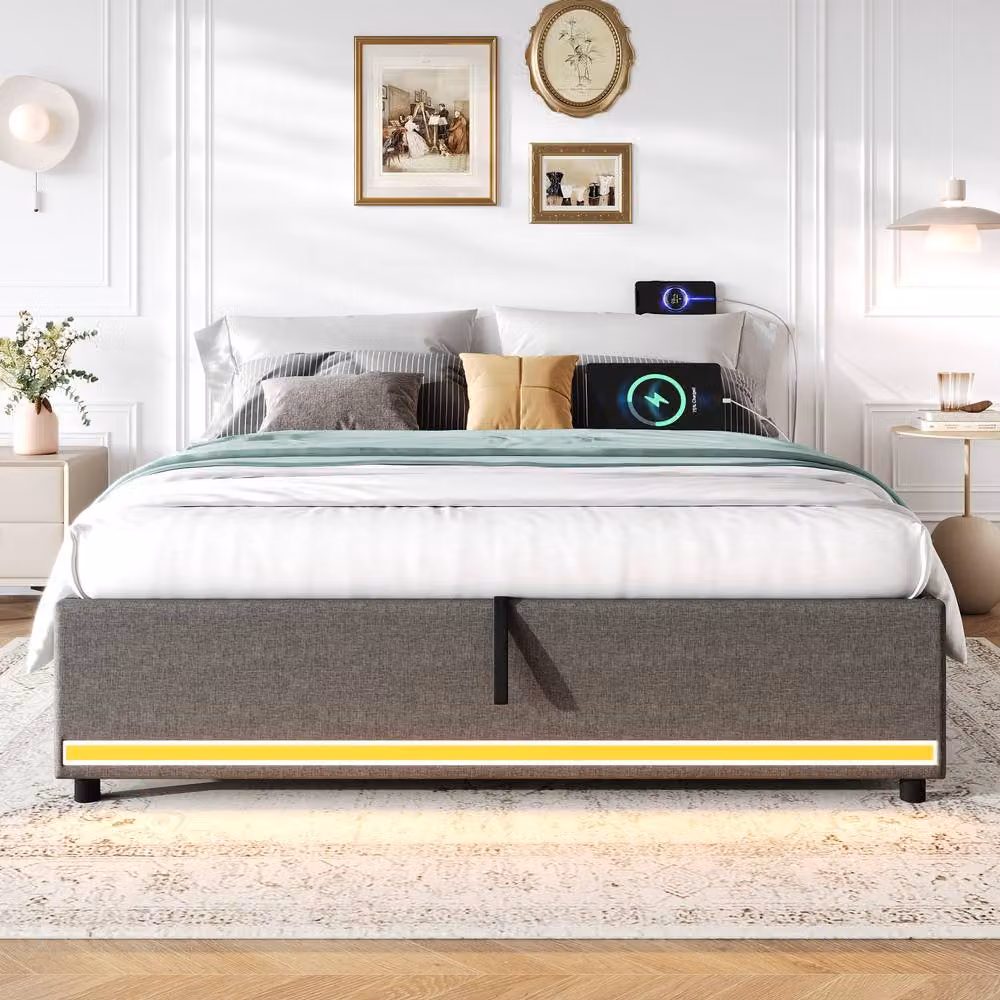 Matteo King Hydraulic Storage Bed in Grey Linen with LED Lights and USB Charging Port, 180 x 200 cm – 2