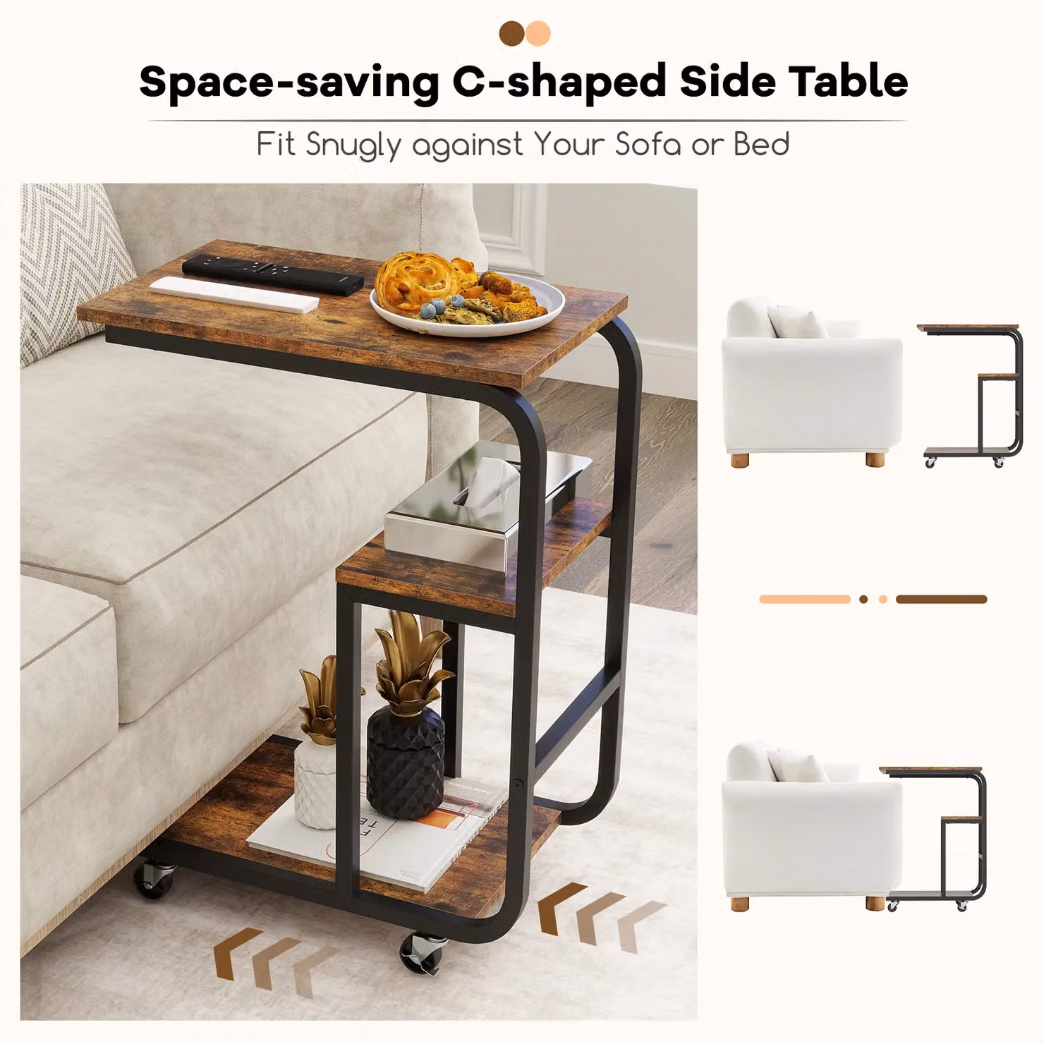 Gymax Set of 2 Industrial C-Shaped Rolling End Tables in Brown – 2
