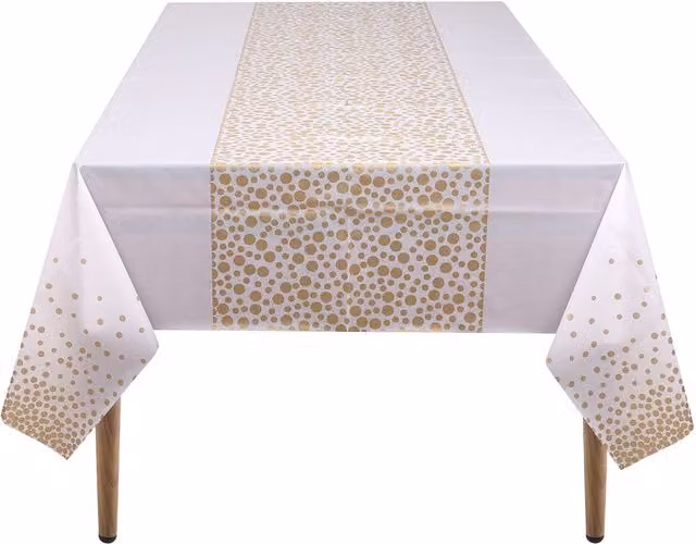 Neel Blue PVC Rectangular Tablecloth with Gold Dot Confetti Print, W: 137 cm, L: 274 cm