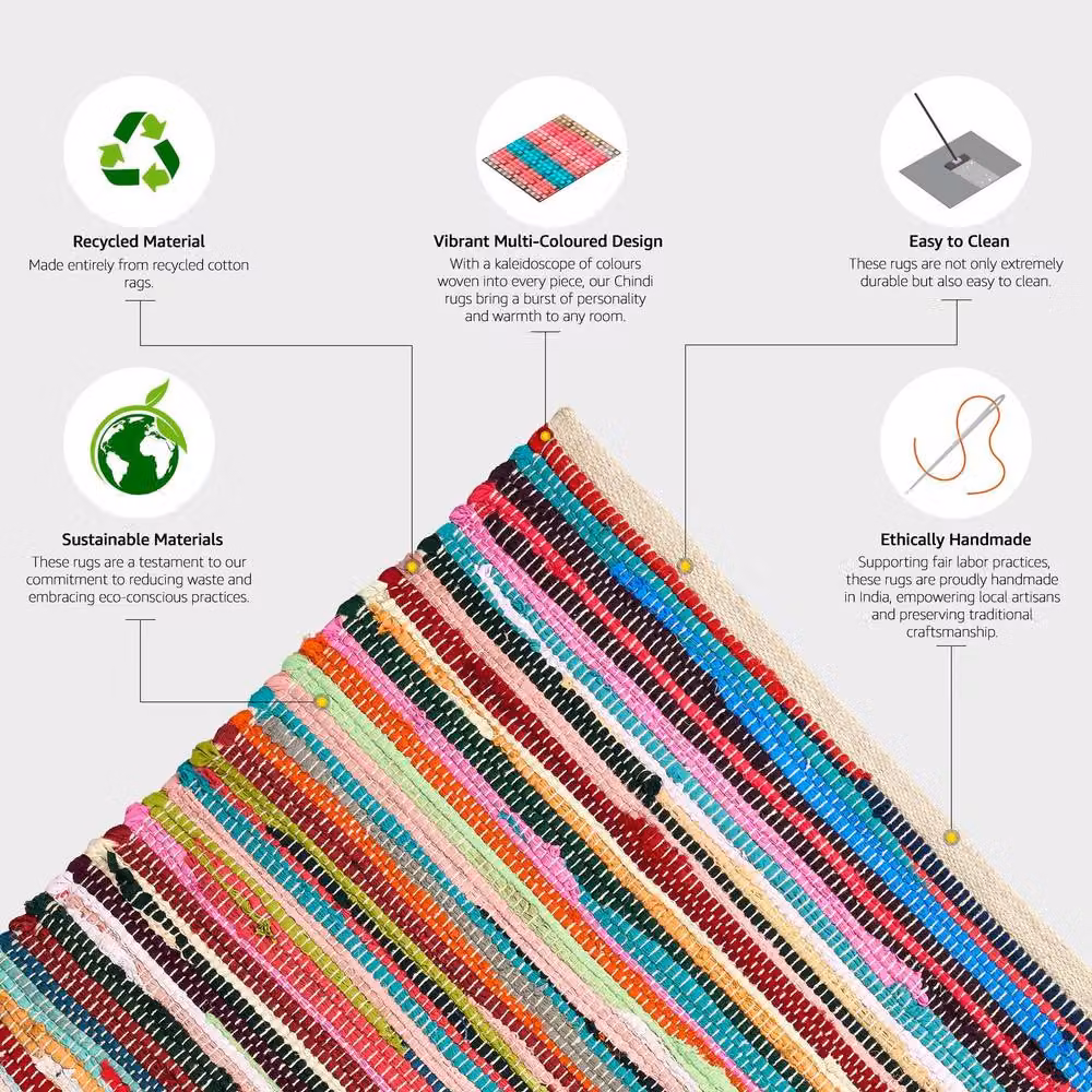 Bravich LTD Handwoven Multicolour Cotton Chindi Rag Area Rug, Reversible Flat Weave, W: 290 cm, D: 200 cm – 4