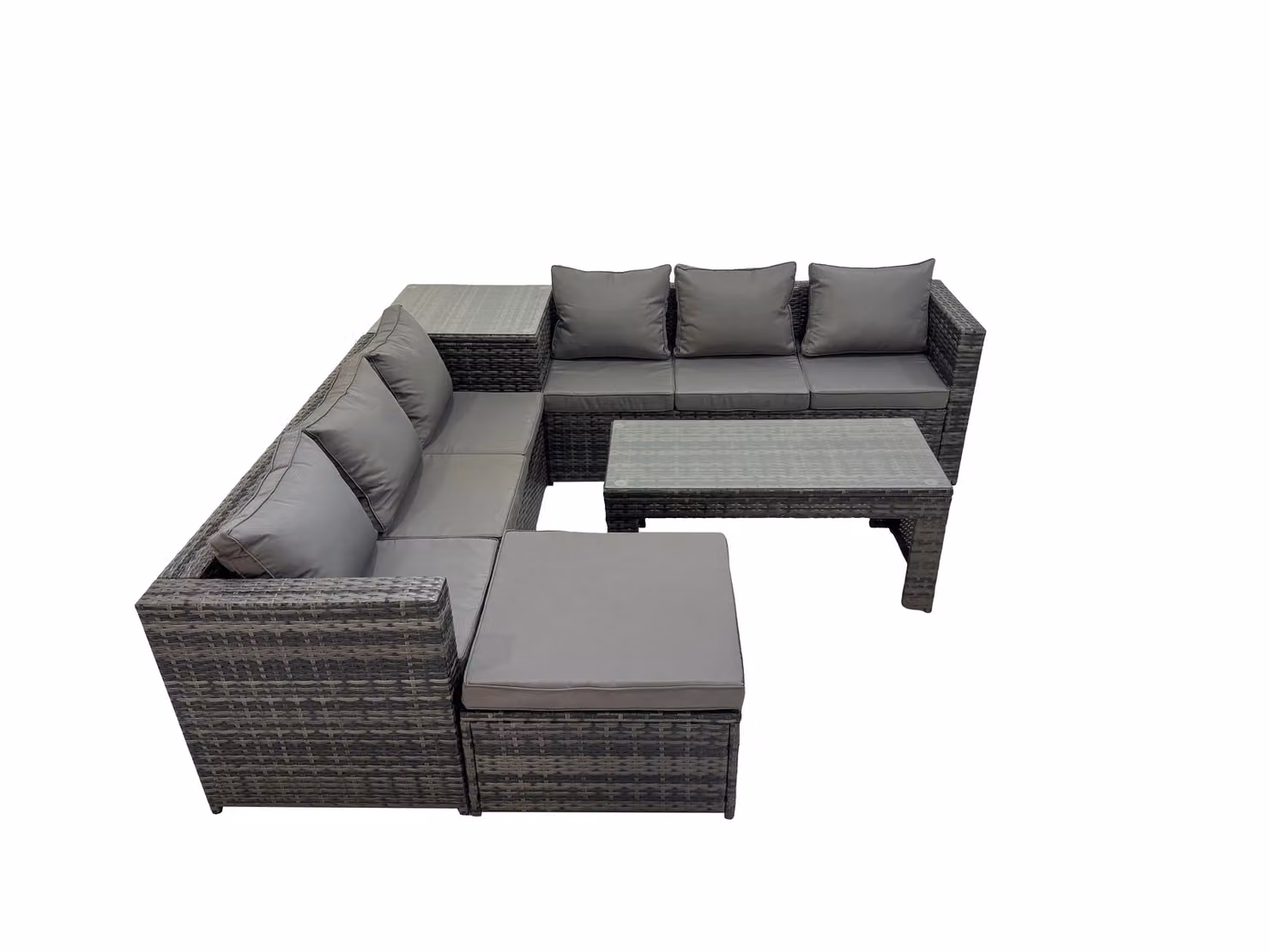 Fimous 7 Seater L-Shape Rattan Garden Furniture Set in Dark Grey with Upholstered Cushions, Ottoman and Coffee Table – 2