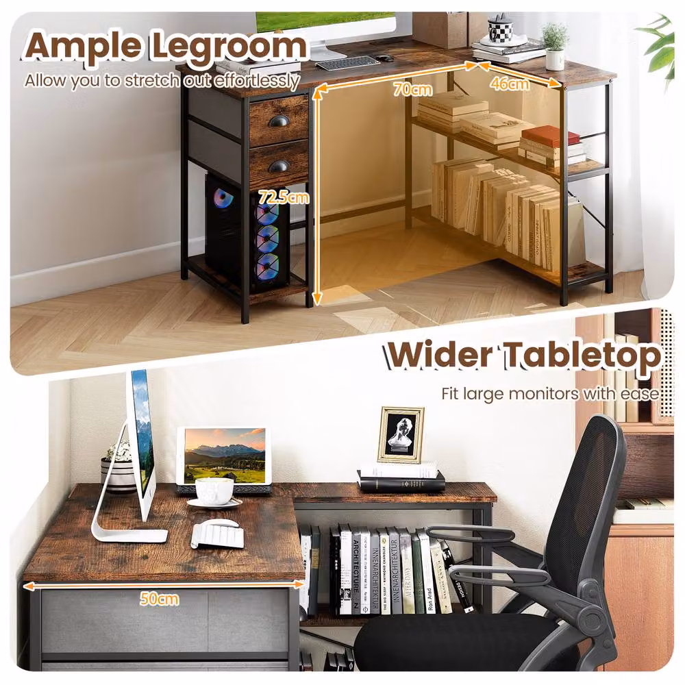 Gymax L Shaped Corner Desk with Charging Station and Cable Management, Brown – 6