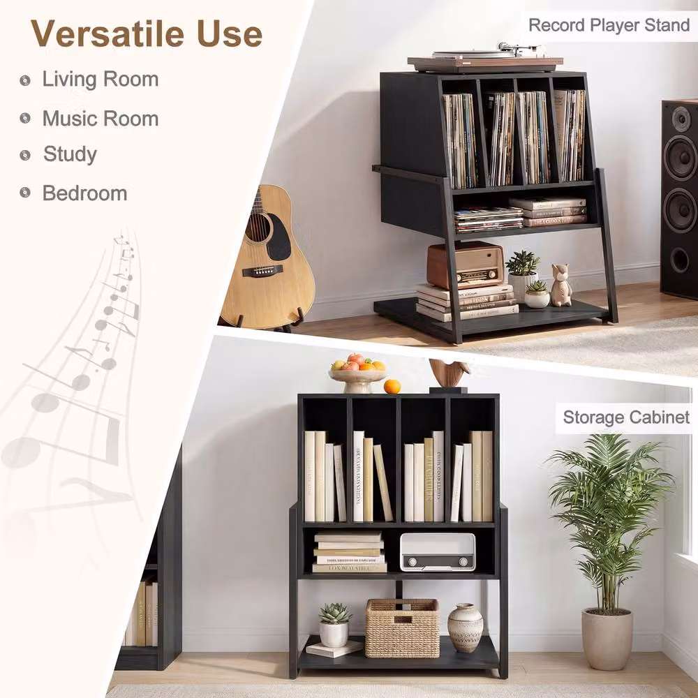 Costway Modern Black Record Player Stand with Charging Station and Vinyl Holder – 3