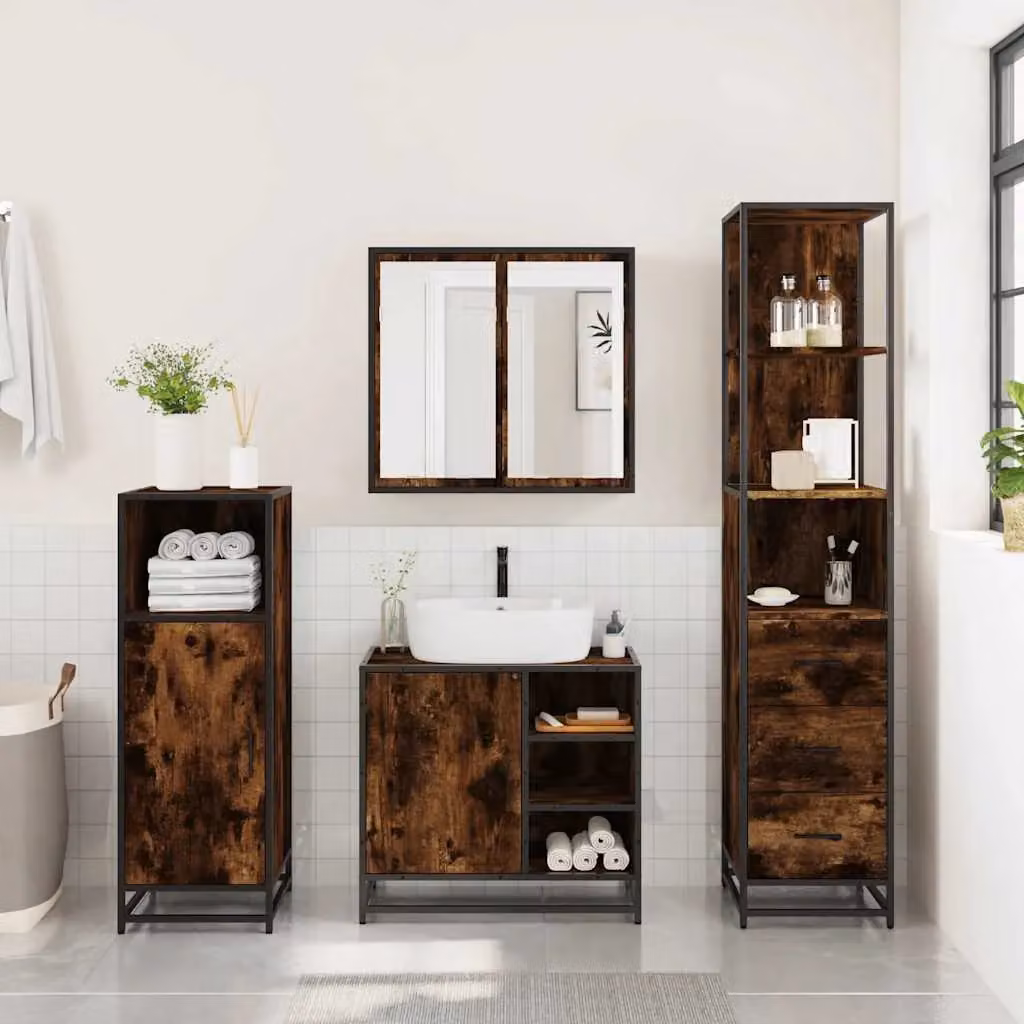Berkfield Home 3 Piece Industrial Bathroom Furniture Set in Smoked Oak Brown – 3