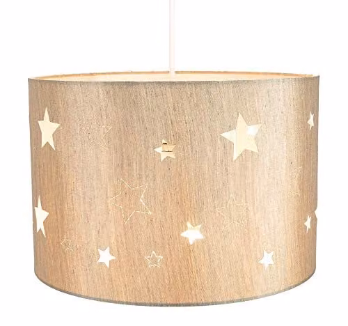 Happy Homewares Beige Linen Sphere Childrens Pendant Lamp Shade with Laser Cut Stars