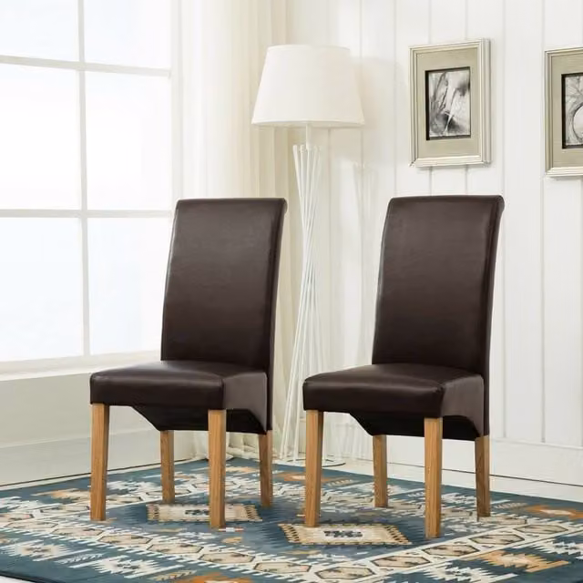 MCC Direct Set of 2 Top Scroll High Back Faux Leather Dining Chairs in Brown
