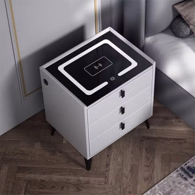 SPETLEK Modern White Glossy Bedside Table with Integrated LED Lighting and Wireless Charging