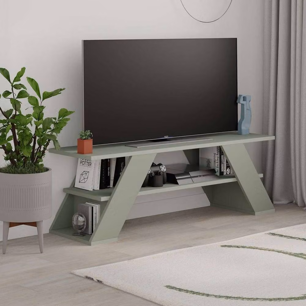 CALICOSY Modern Green Wood TV Stand with 3 Shelves, W: 120 cm, D: 40 cm, H: 33.5 cm – 2