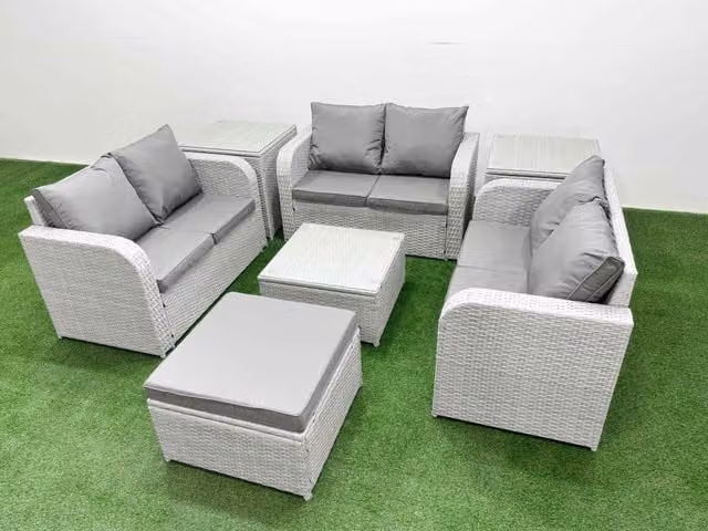 Fimous 7 Seater Rattan Garden Furniture Set in Light Grey with Coffee Table, 2 Seater Sofa, Ottoman and Side Tables