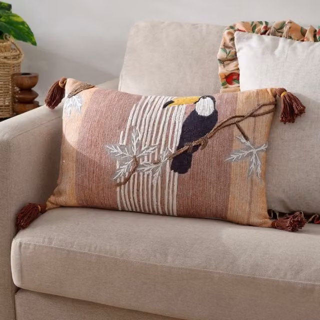 Evans Lichfield Treetop Toucan Embroidered Cotton Cushion in Brown, W: 50 cm, H: 30 cm, D: 30 cm