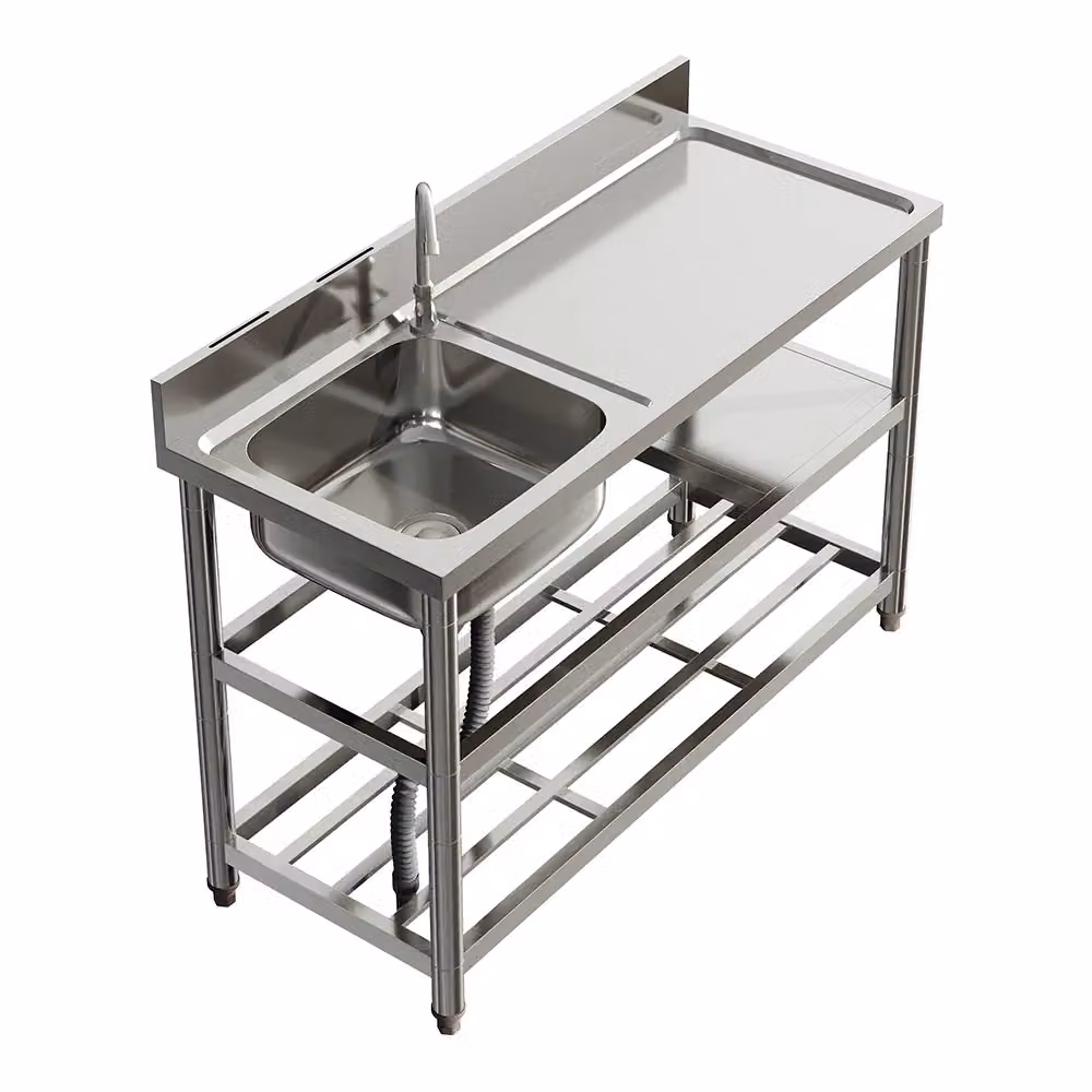 H&O Direct Stainless Steel Single Basin Sink with Shelves, Silver, W: 120 cm, D: 50 cm, H: 89.5 cm – 2