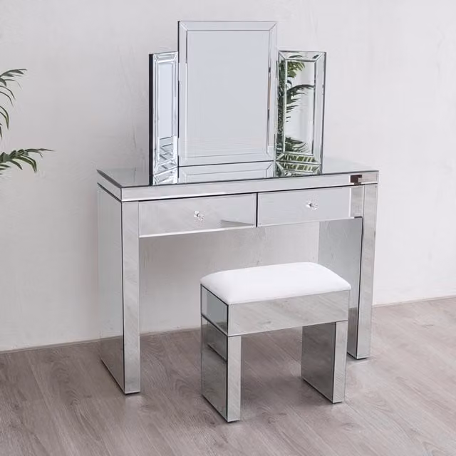 Comfy Living Modern Silver Mirrored Dressing Table Set with Tri-Fold Glass Mirror
