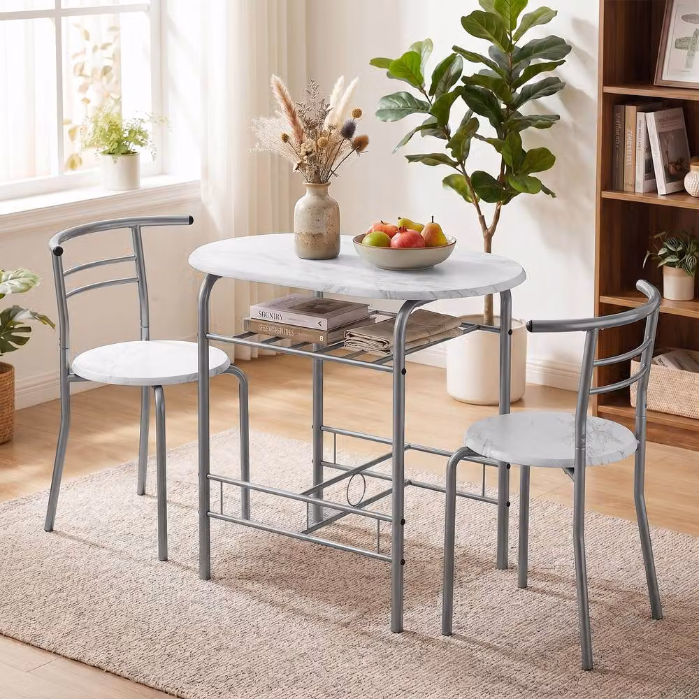 HOMCOM Modern Breakfast Bar Table and Stools Set with Storage Shelf in White – 2