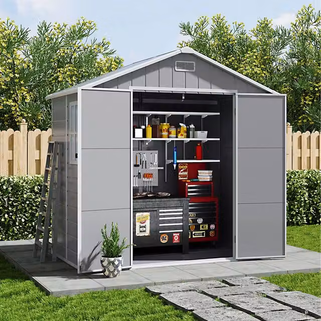 Livingandhome Modern Gable Roof Plastic Garden Shed with Window in Grey and Black