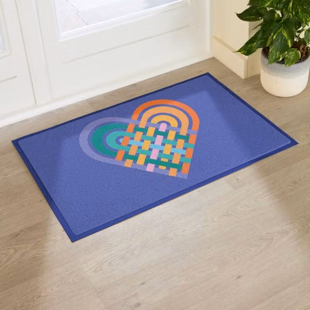Artsy Mats Elizabeth Olwen Heart Lace Indoor/Outdoor Doormat in Blue and Multicolour, W: 90 cm, D: 60 cm