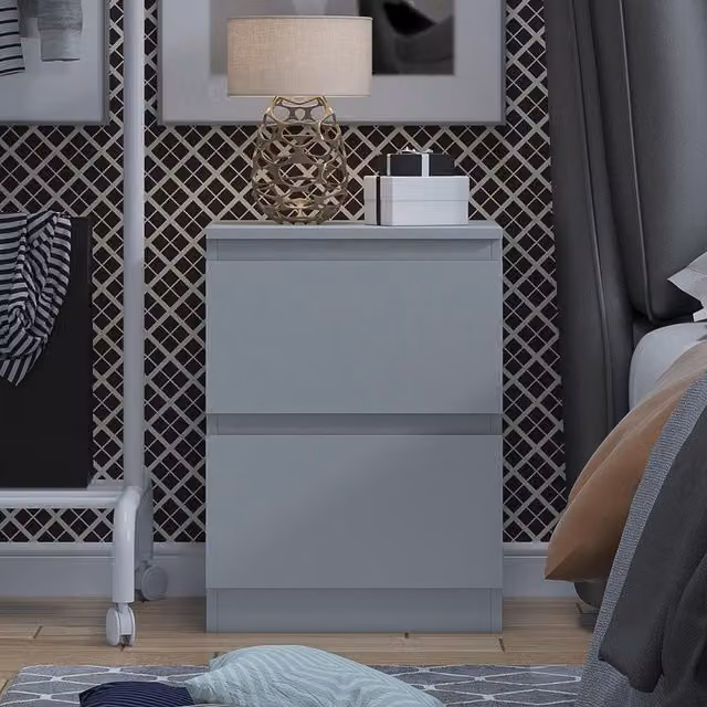 FWStyle Large 2 Drawer Deep Nightstand in Grey with Matt Scratch Resistant Finish
