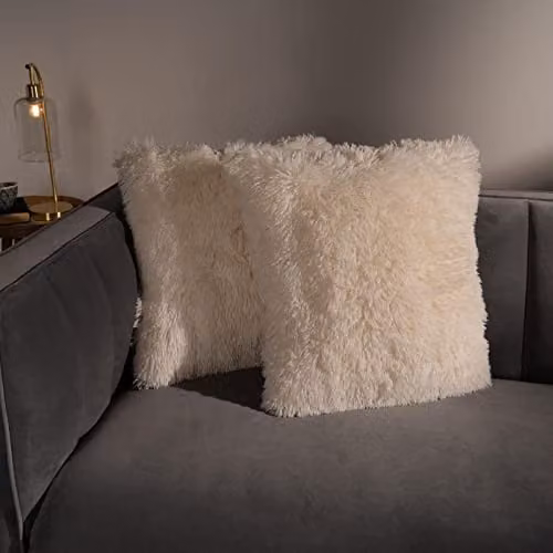 Sienna Pack of 2 Fluffy Shaggy Square Cushion Covers, Beige, W/D/H: 45 x 45 x 45 cm – 2