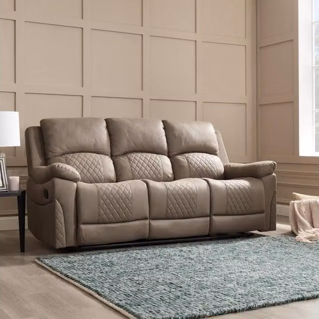 Reed 3-Seater Manual Recliner Sofa in Light Brown Faux Leather with Cup Holders and Sleeping Function