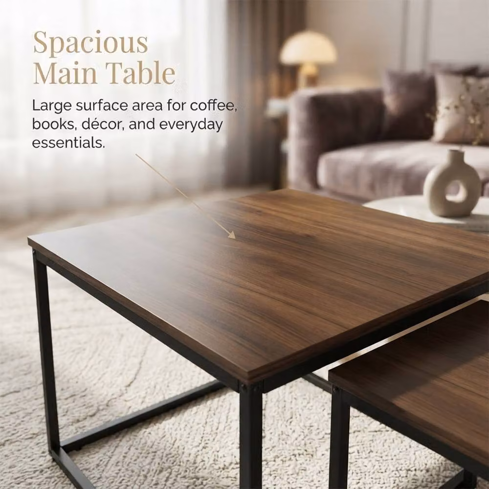 Alivio 3-Piece Industrial Nesting Coffee Table Set with Wood Tops and Black Metal Sled Base, Brown – 9