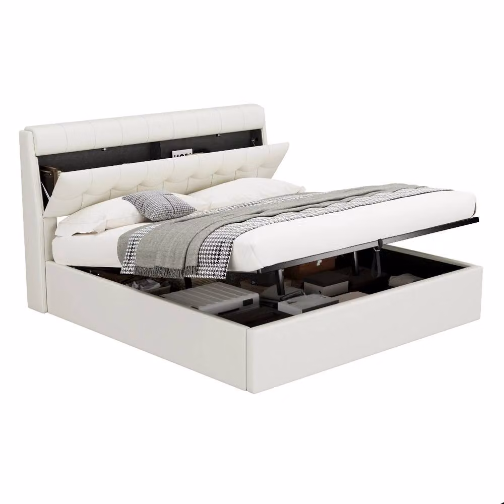 Rolipo Upholstered Double Bed with Lift Up Base in Beige and White, W/D/H: 150 x 200 cm – 6