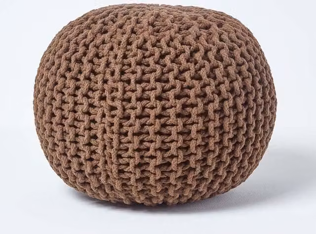 Homescapes Round Cotton Knitted Pouffe Footstool in Brown – 1