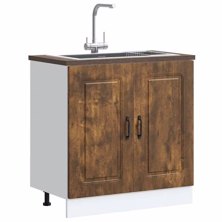 Berkfield Home Kalmar Sink Base Cabinet in Smoked Oak Brown, W/D/H: 80 x 46 x 81.5 cm