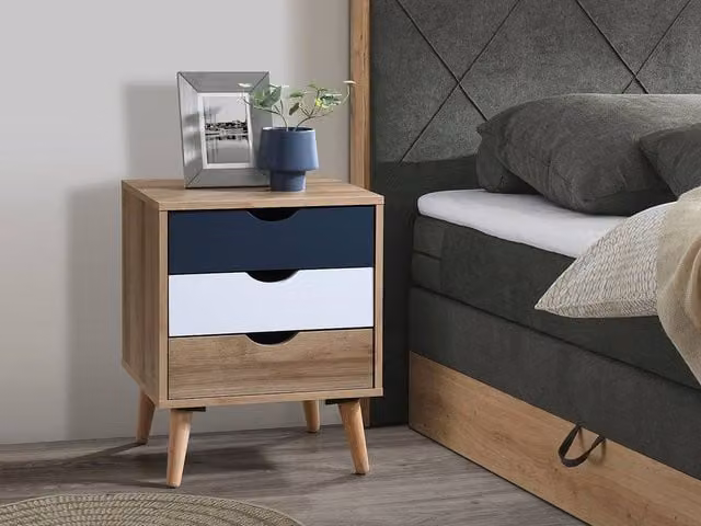 Vente-unique Mid-Century Bedside Table with 3 Drawers in White, Blue and Multicolour, W/D/H: 40 x 30 x 57 cm – 1