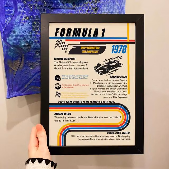 Afewhometruths Personalised 50th Birthday Formula One Framed Paper Poster Print in Multicolour