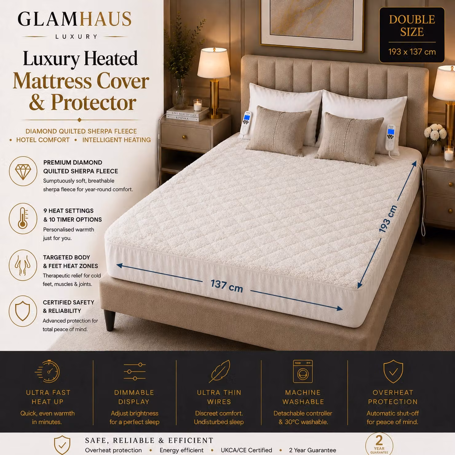 Glamhaus Double Sherpa Fleece Electric Blanket in White with 9 Heat and 10 Timer Settings – 2