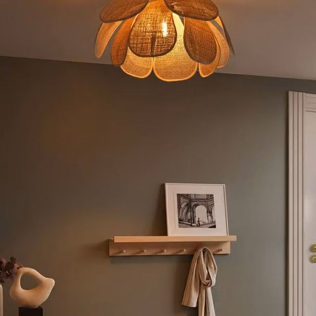 Wyld and Coco Hand-Woven Rattan Pendant Lamp with Black Metal Base