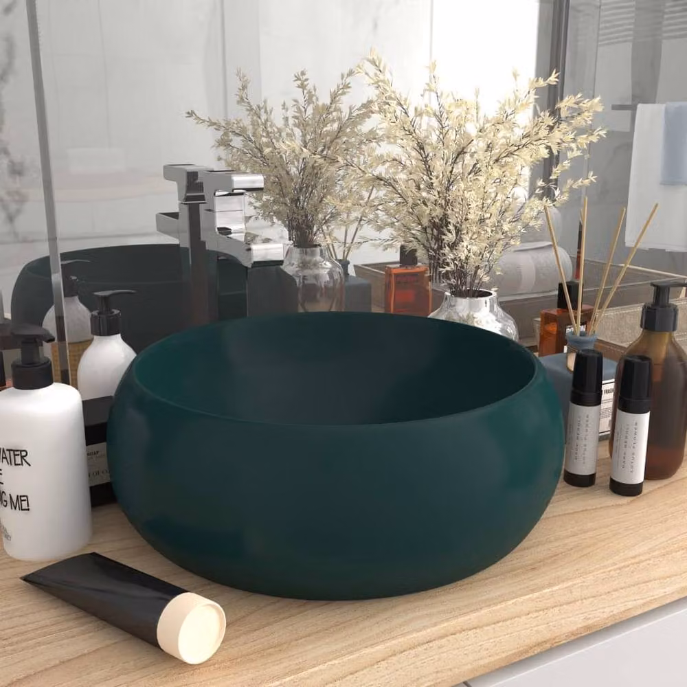 Berkfield Home Luxury Round Ceramic Wash Basin in Matt Dark Green, W/D/H: 40 x 40 x 15 cm – 2