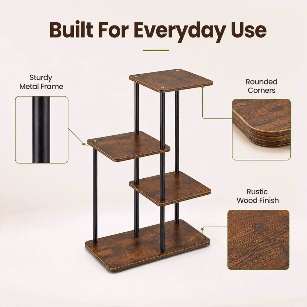 Kelvenix 4-Tier Industrial Wood and Metal Corner Plant Stand in Brown and Black – 2