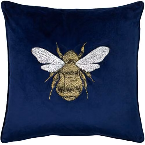 Paoletti Hortus Embroidered Bee Soft Velvet Pipe Trimmed Cushion in Blue, W/D/H: 50 x 50 x 50 cm – 1