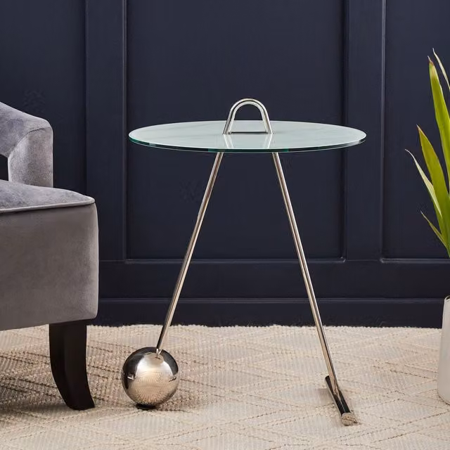 Orsina Modern Round Glass and Metal Side Table in Silver and White – 2