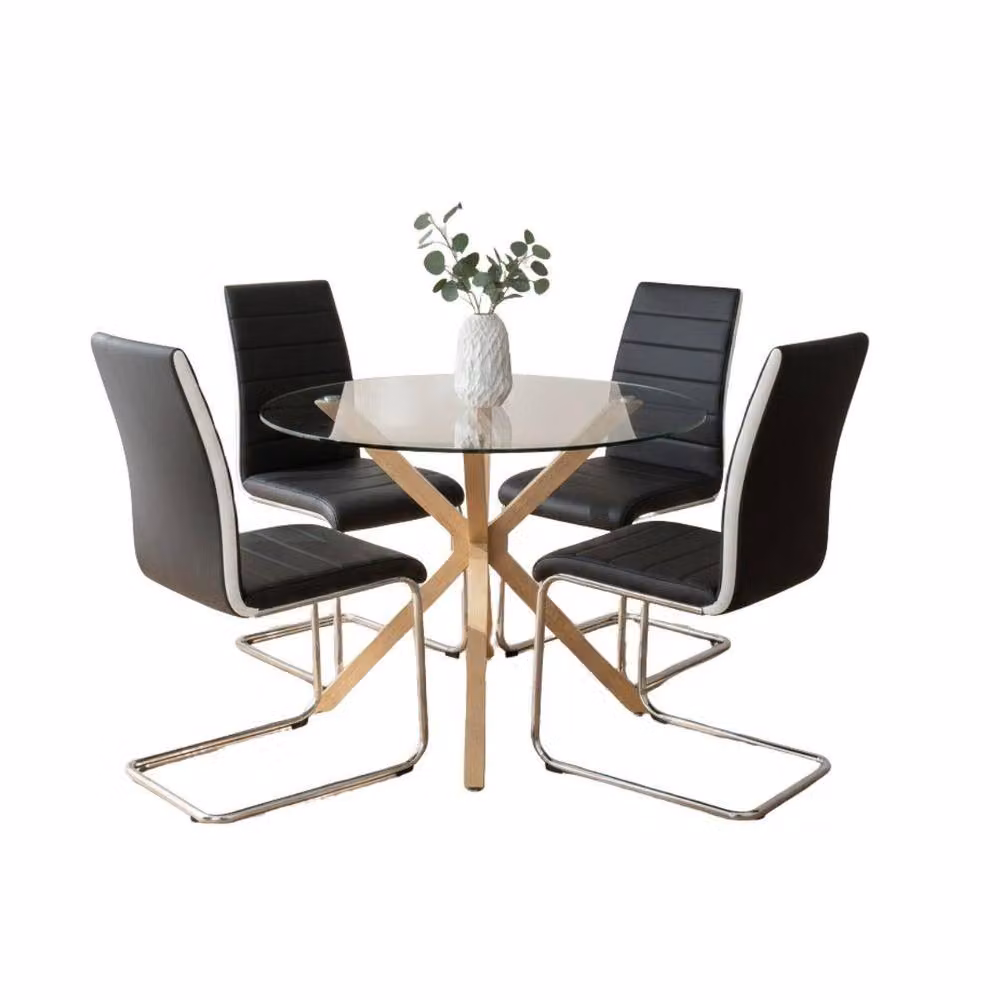 KOSY KOALA Round Glass Dining Table Set with 4 Black Faux Leather Chairs in Brown – 2