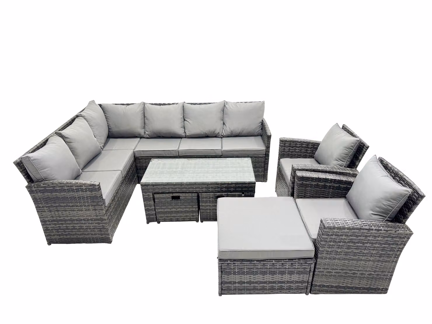 Fimous 11 Seat Poly Rattan L-Shape Corner Sofa Set in Grey with Matching Ottoman and Cushions – 2