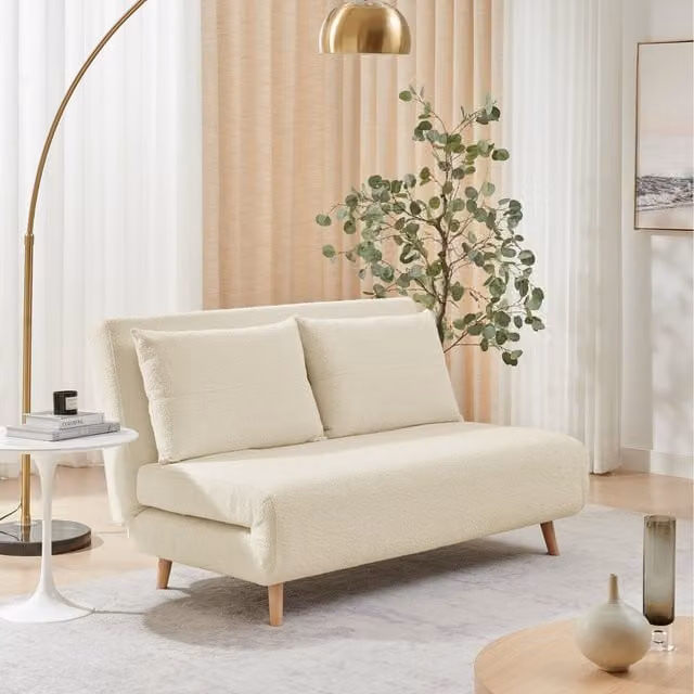 FurnitureboxUK Bobby White Bouclé Fabric Double Click-Clack Folding Sofa Bed with Solid Wood Frame