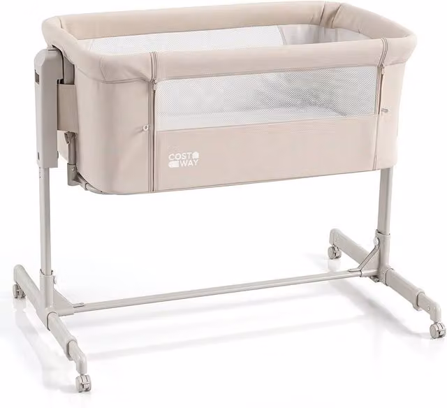 Costway 3-in-1 Height-Adjustable Baby Bedside Crib with Drop Side in Beige