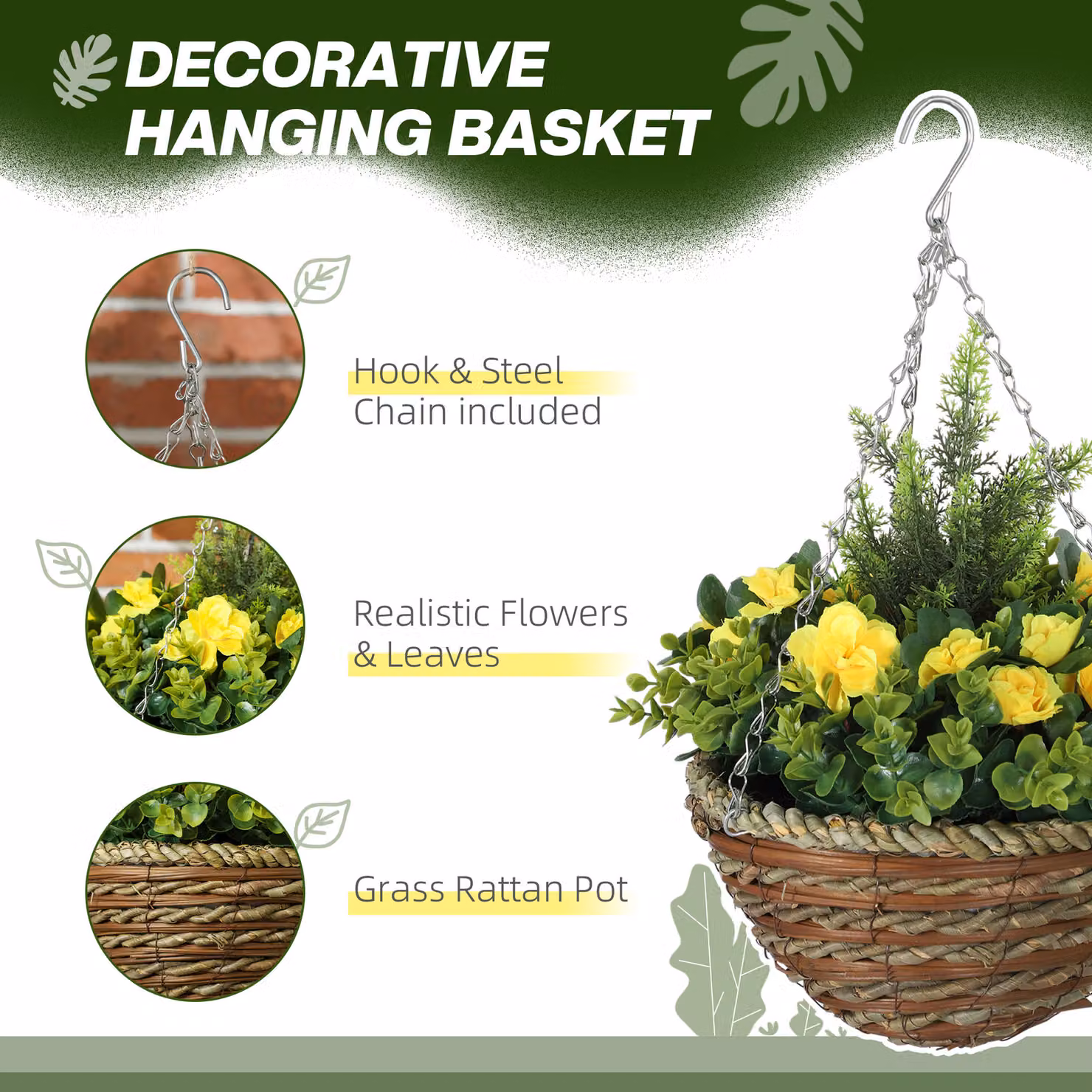 Outsunny Pack of 2 Yellow Artificial Lisianthus Flowers with Hanging Planter Baskets – 3
