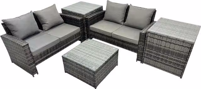 Fimous PE Rattan Patio Set with 2x 2-Seater Sofas, Coffee Table and 2 Side Tables in Dark Grey
