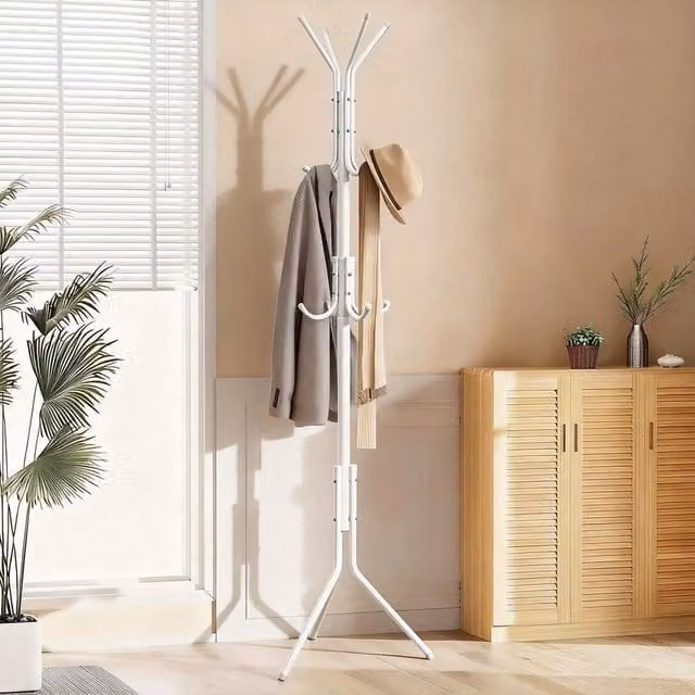PAWNORA White Metal Floor Standing Clothes Hanger with 12 Hooks