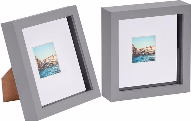 Nicola Spring Pack of 2 Square 3D Box Photo Frames in Grey and White, W/H: 15.24 x 15.24 cm with 5.08 x 5.08 cm Mount