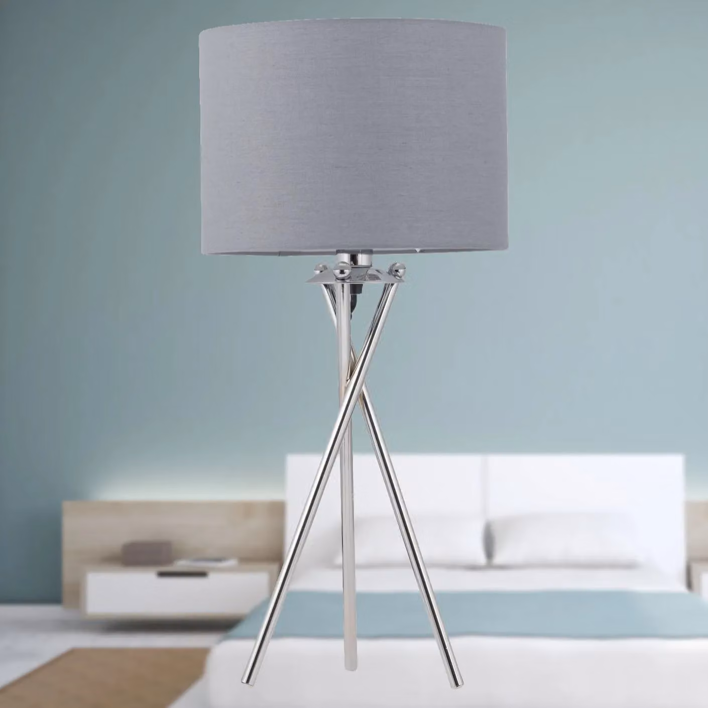 First Choice Lighting Set of 2 Chrome Tripod Table Lamps with Grey Fabric Cylinder Shades – 2